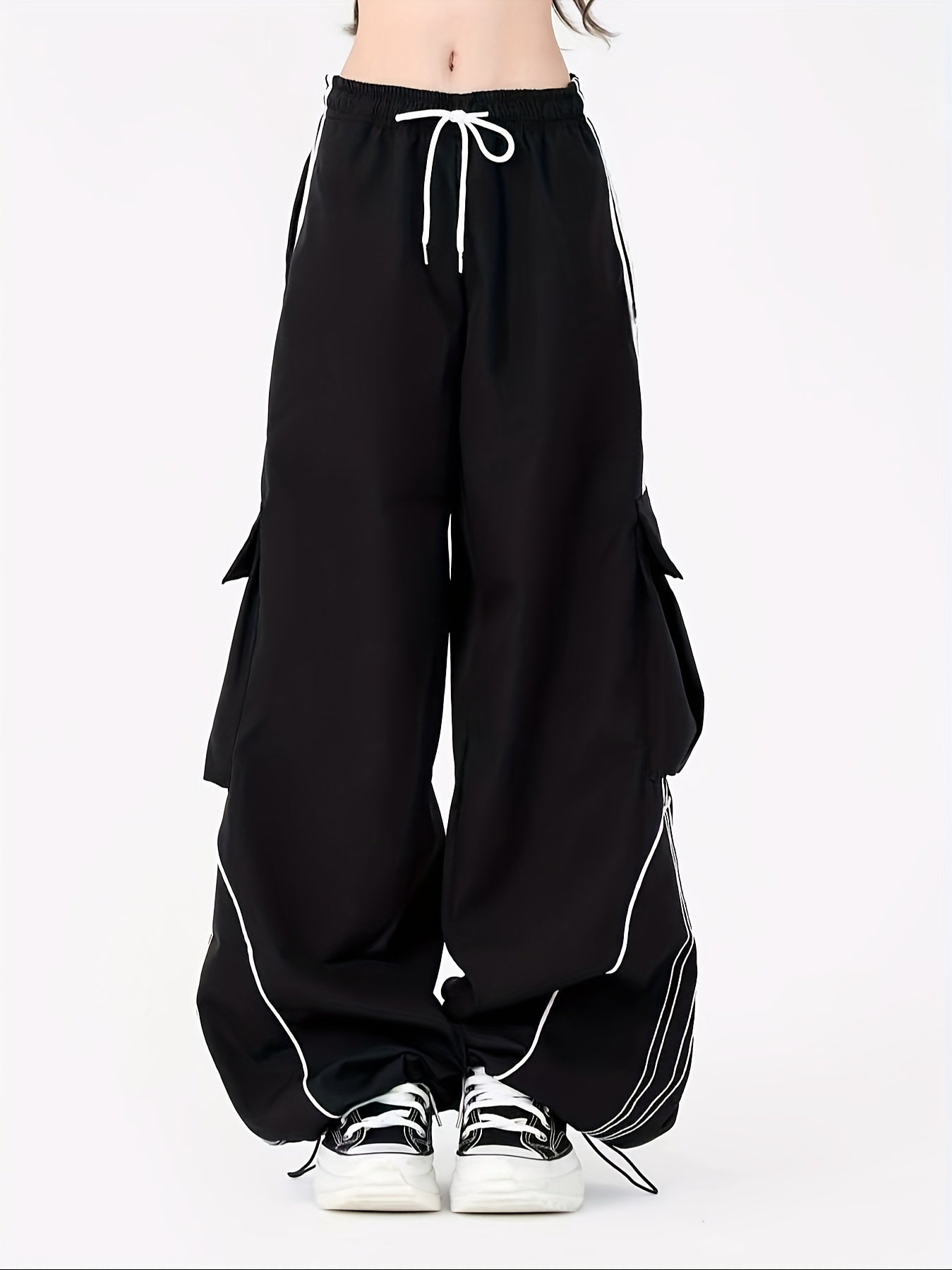 Streetwear Contrast Piping Parachute Cargo Pants