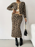 Leopard Print Knit Cardigan & Midi Skirt Two-Piece Set