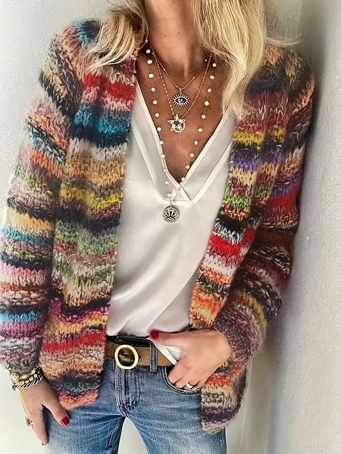 Multicolor Striped Fuzzy Knit Cardigan