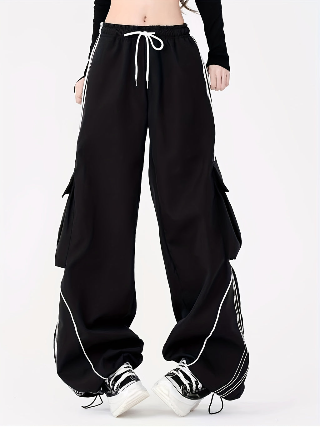 Streetwear Contrast Piping Parachute Cargo Pants