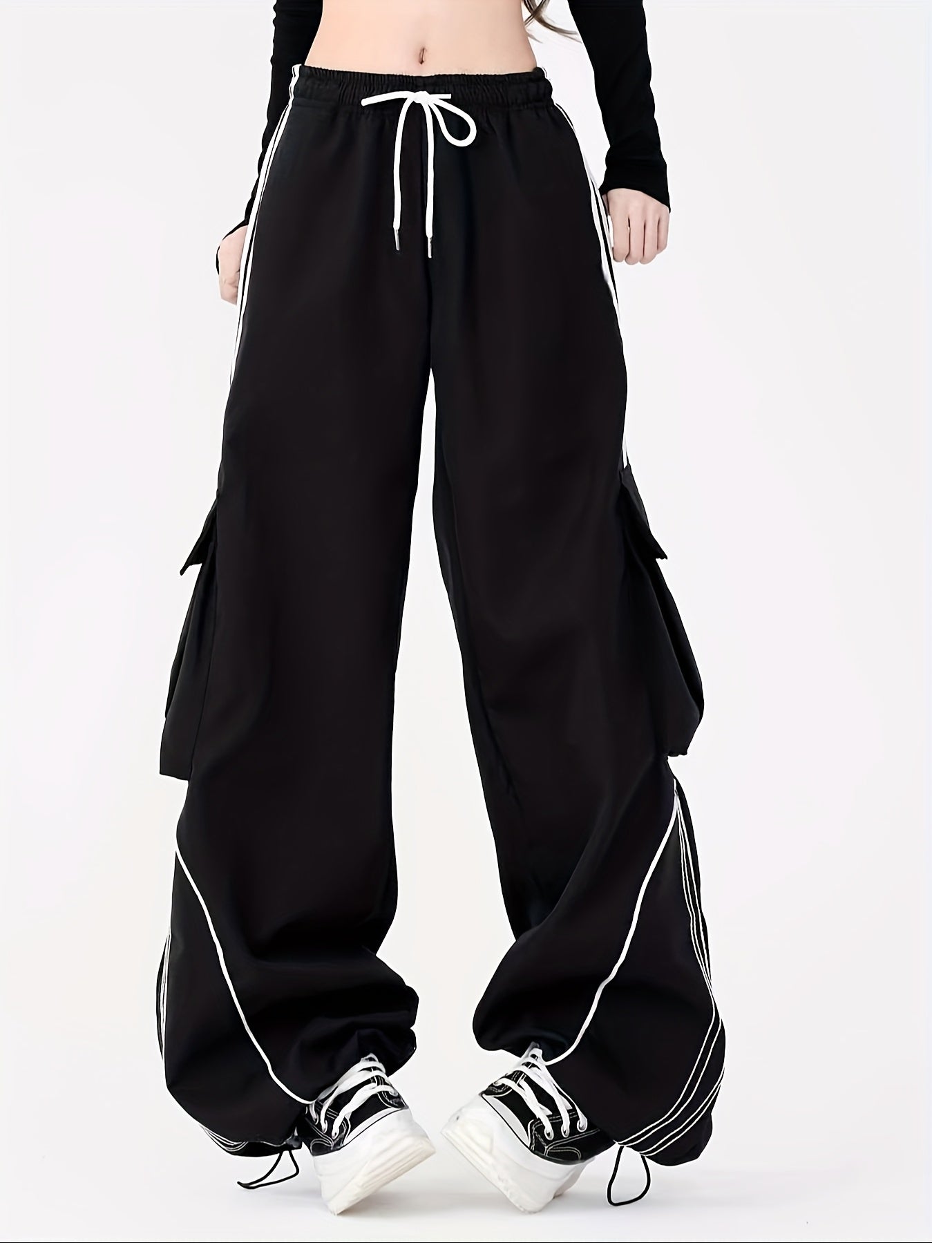 Streetwear Contrast Piping Parachute Cargo Pants