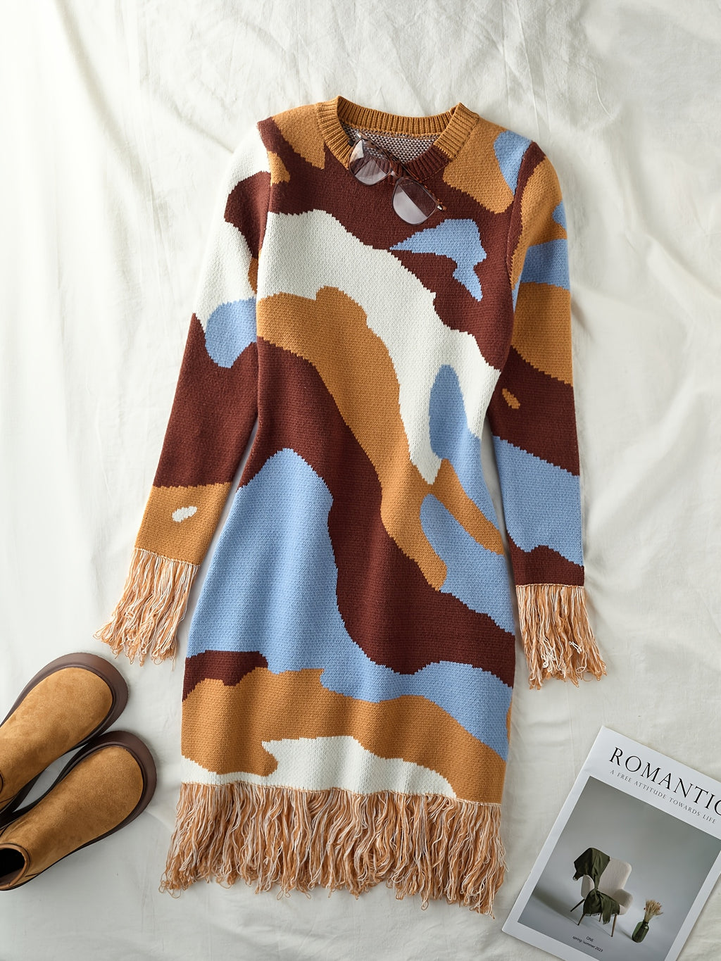 Abstract Print Fringed Knit Dress