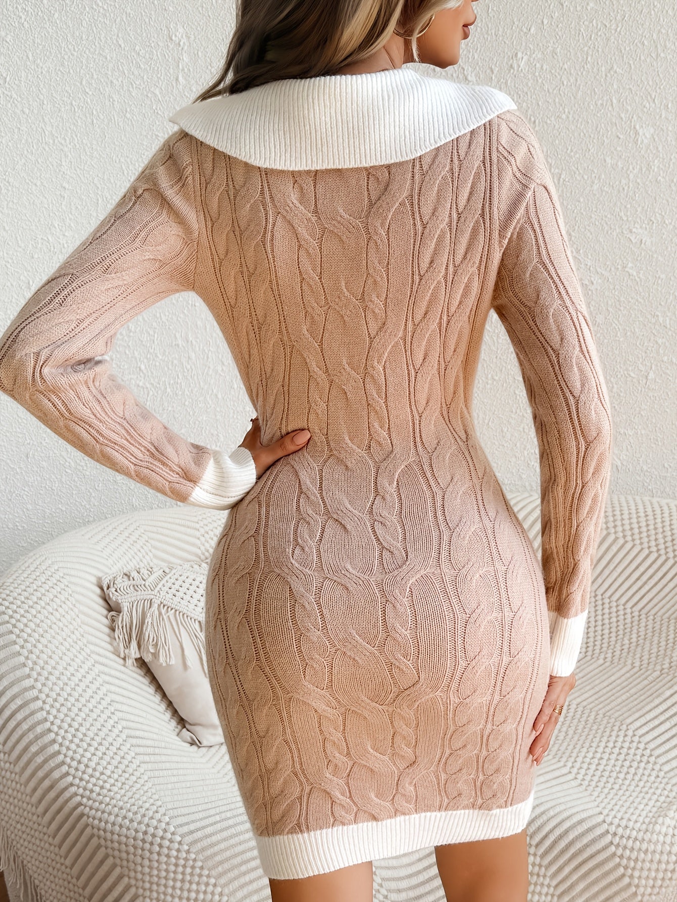 Cable-Knit Contrast Collar Mini Dress
