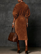 Faux Suede Zip-Front Drawstring Midi Shirt Dress