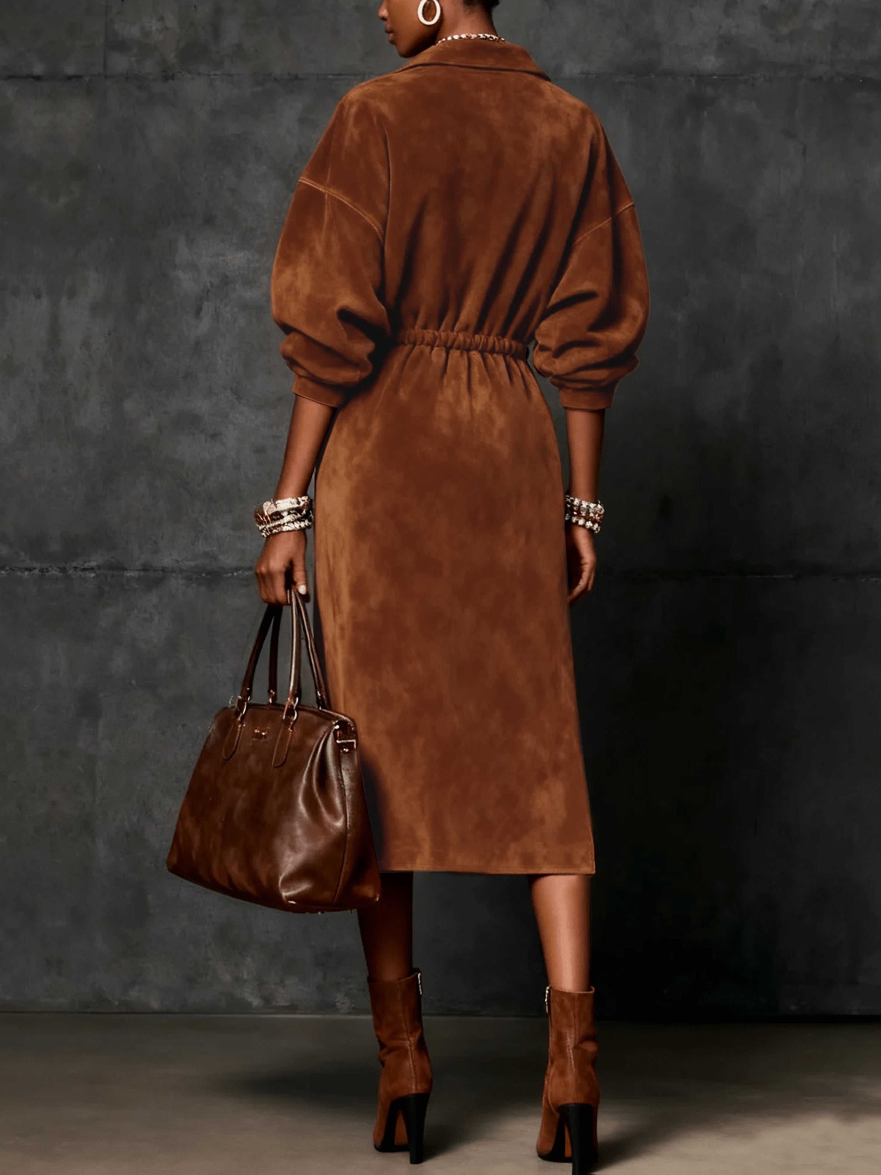 Faux Suede Zip-Front Drawstring Midi Shirt Dress