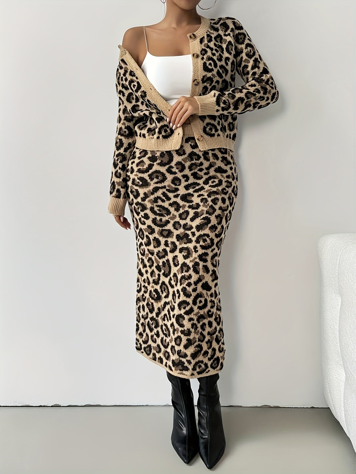 Leopard Print Knit Cardigan & Midi Skirt Two-Piece Set