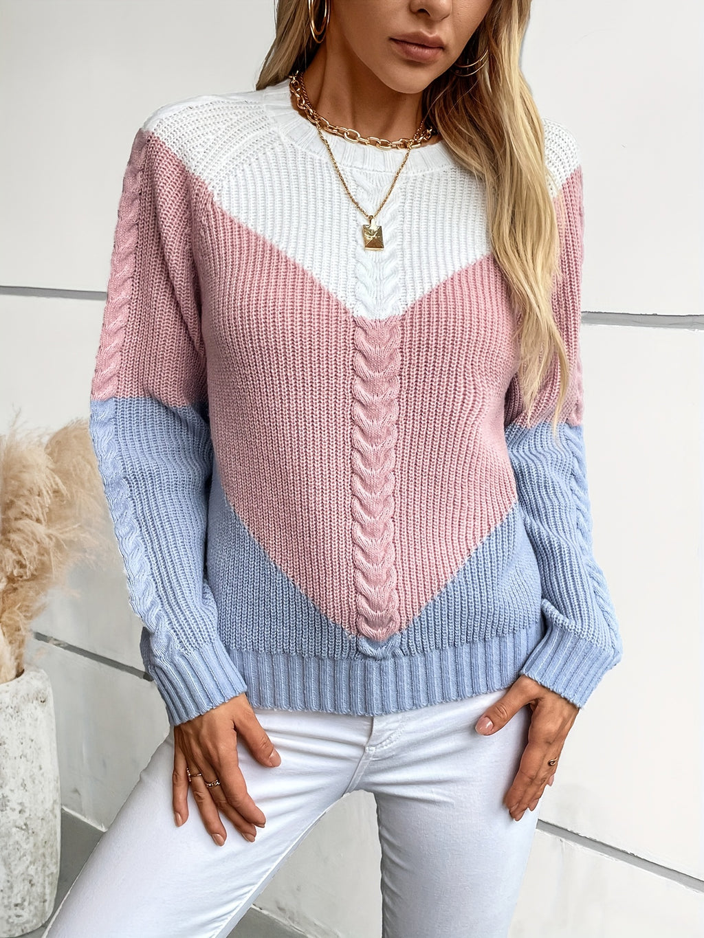 Chevron Color Block Cable Knit Sweater