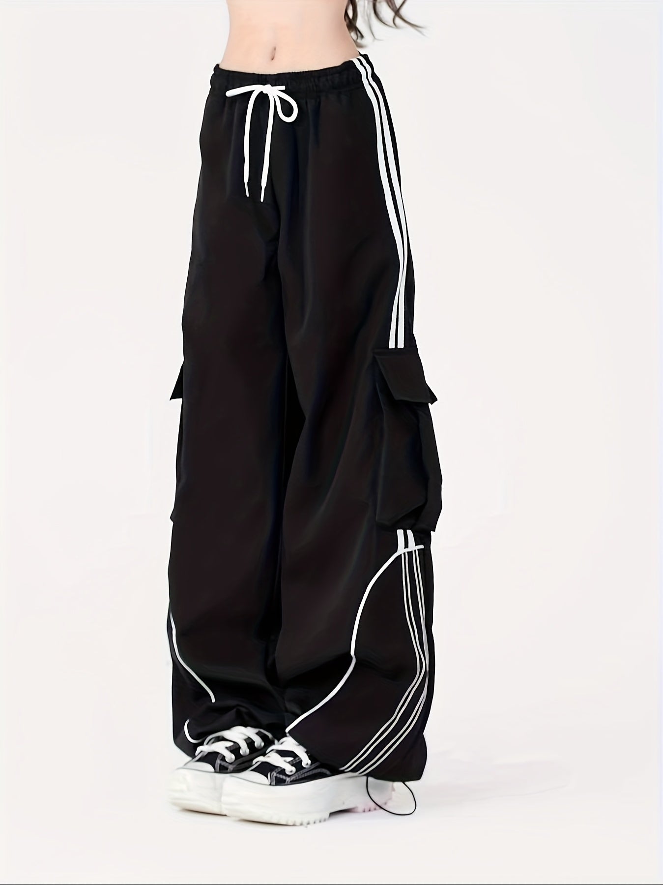 Streetwear Contrast Piping Parachute Cargo Pants