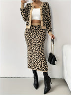 Leopard Print Knit Cardigan & Midi Skirt Two-Piece Set