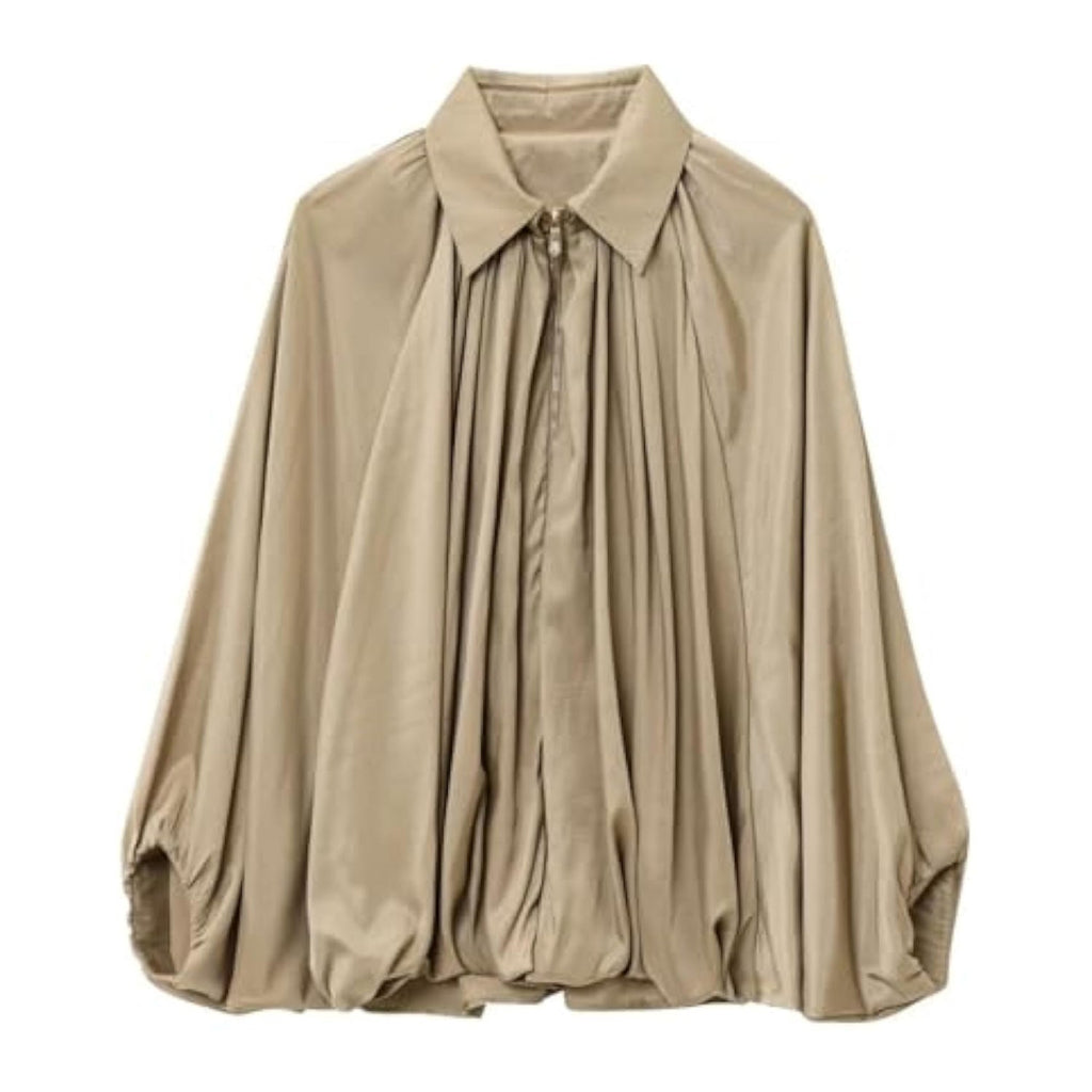 Women's Puffed Bomber Jacket Oversized Streetwear Casual Batwing Sleeve Lapel Collar Zip Front Pleated Shirts