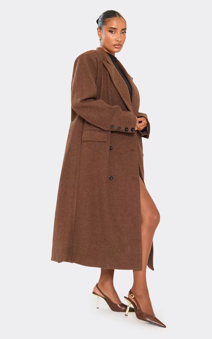 Oversized Textured Wool Look Maxi Coat In Chocolate Brown