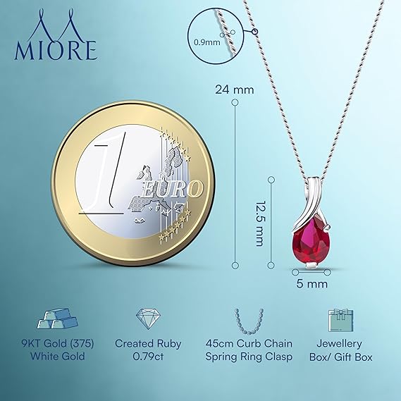 MIORE Gold Necklace for Women in 9 kt 375 White/Yellow Gold with Pear Shape Ruby/Emerald/Sapphire/Topaz/Aquamarine Gem Pendant Necklace with 45 cm Long Chain, Handmade Jewellery for Women