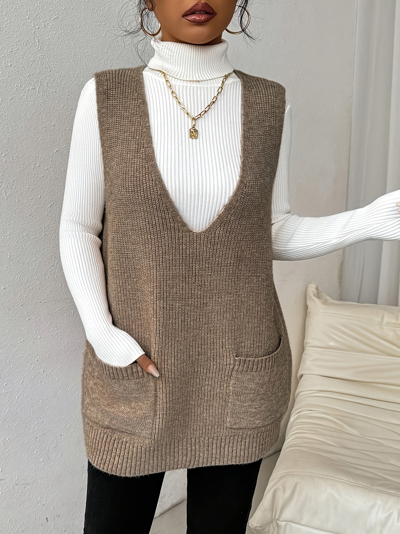 Oversized Deep V-Neck Knit Vest