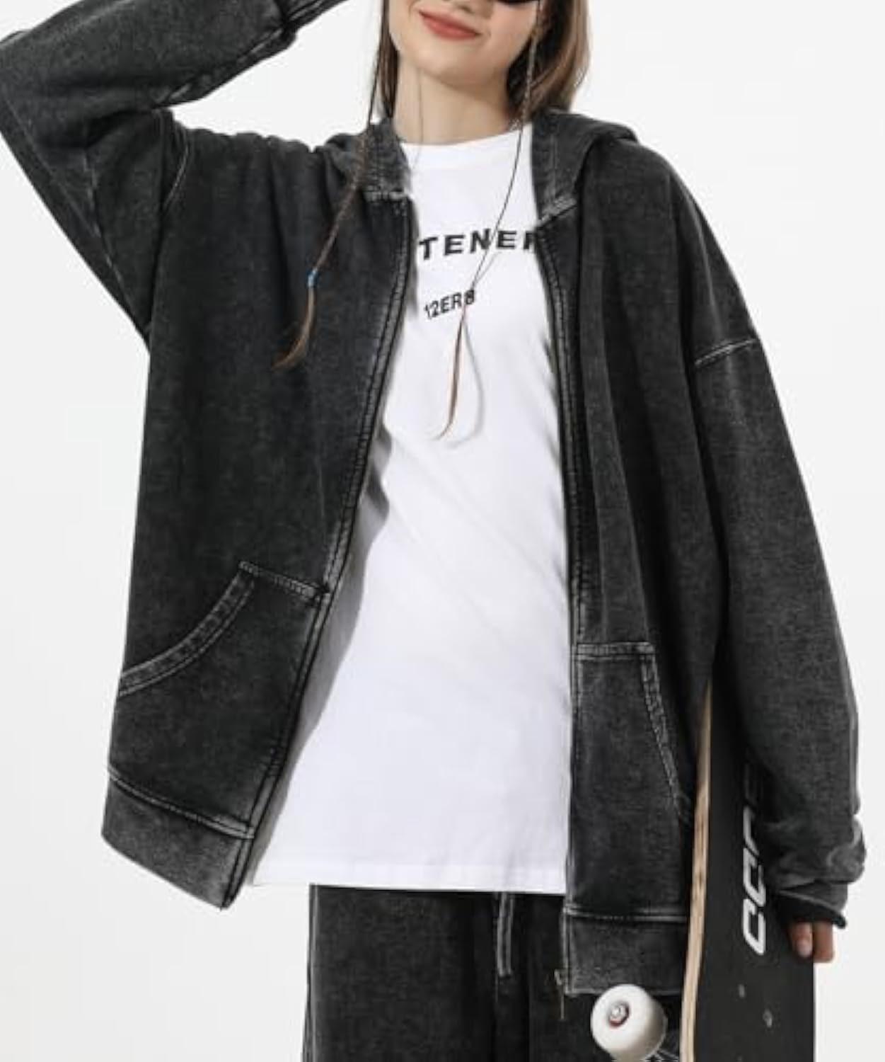 Oversized Vintage Cotton Jacket Acid Wash Grunge Basic Zip Up Hoodie For Women Distressed Baggy Long Sleeve Tops