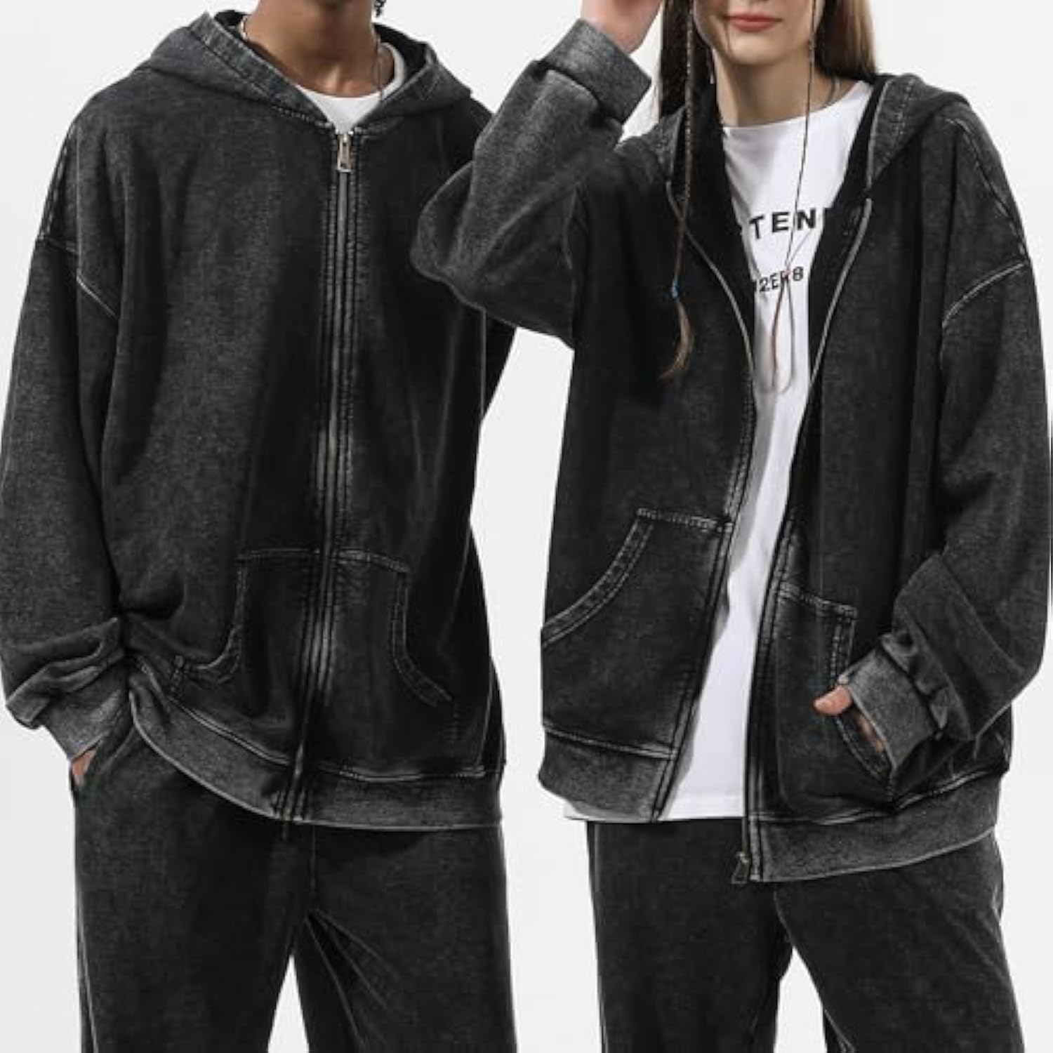 Oversized Vintage Cotton Jacket Acid Wash Grunge Basic Zip Up Hoodie For Women Distressed Baggy Long Sleeve Tops