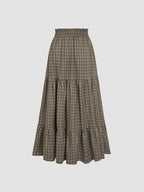 Elastic Waist Check Knotted Tiered Maxi Skirt