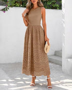 Women Summer Dresses Casual Sleeveless Crewneck A-Line Boho Lace Eyelet Cotton Tank Maxi Dress with Pockets